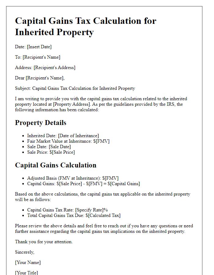 Letter template of capital gains tax calculation for inherited property.