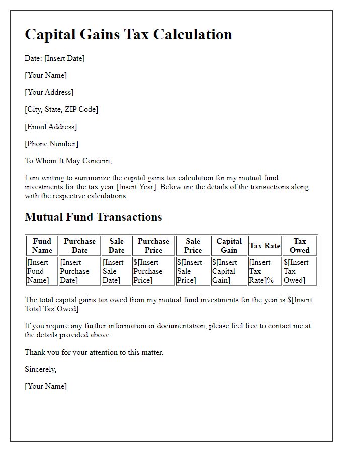 Letter template of capital gains tax calculation for mutual fund investments.