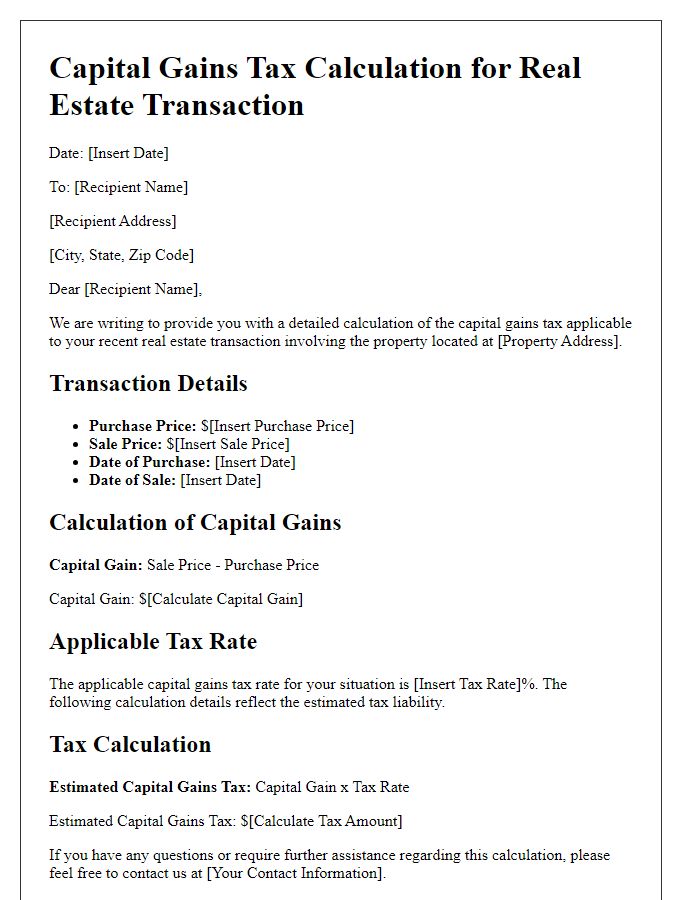 Letter template of capital gains tax calculation for real estate transactions.