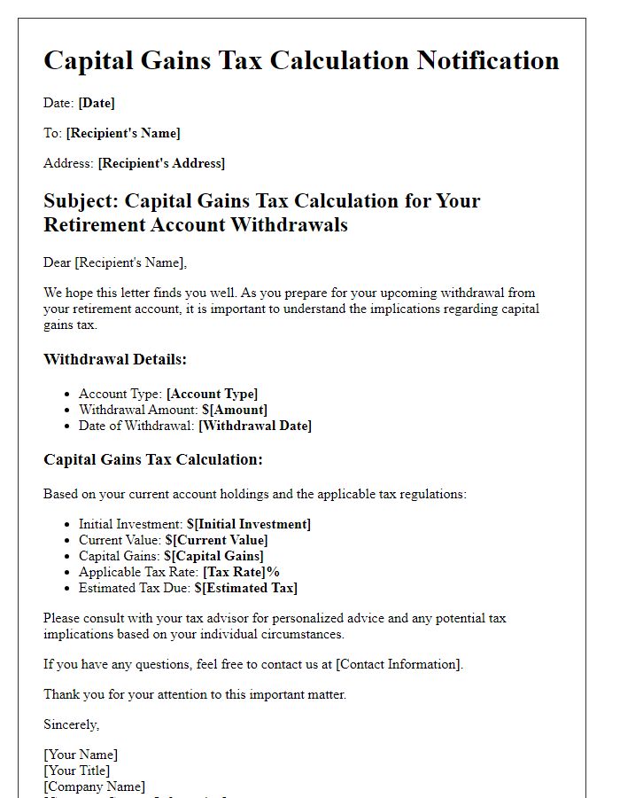 Letter template of capital gains tax calculation for retirement account withdrawals.