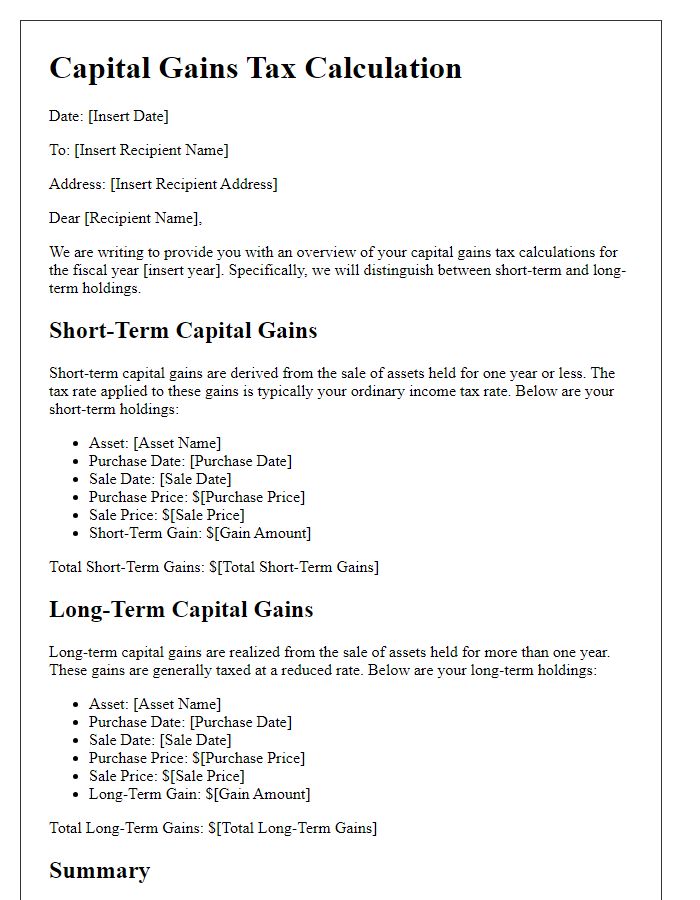 Letter template of capital gains tax calculation for short-term vs. long-term holdings.