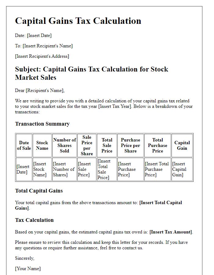 Letter template of capital gains tax calculation for stock market sales.