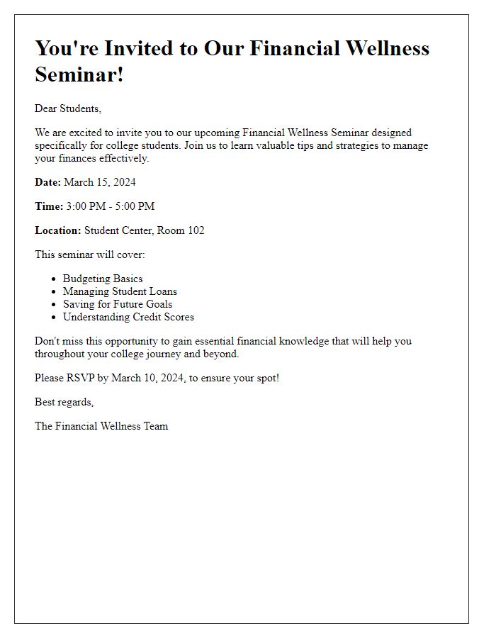 Letter template of financial wellness seminar invitation for college students