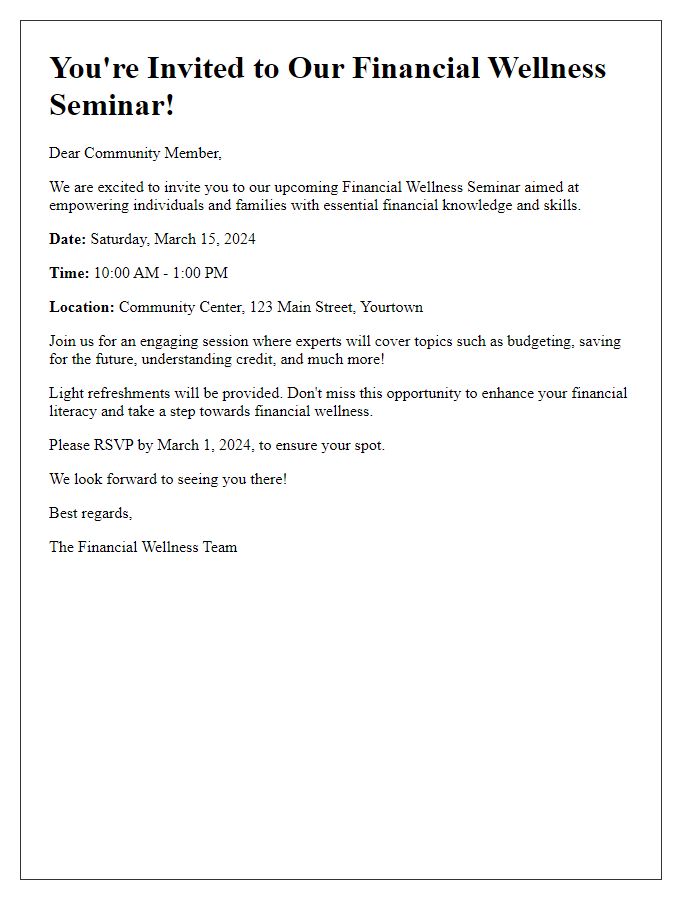 Letter template of financial wellness seminar invitation for community members