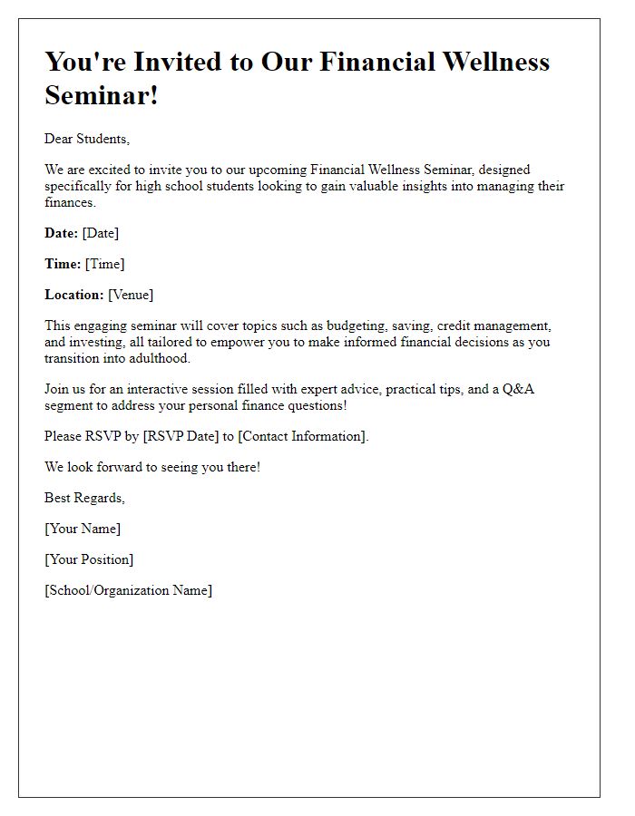 Letter template of financial wellness seminar invitation for high school students