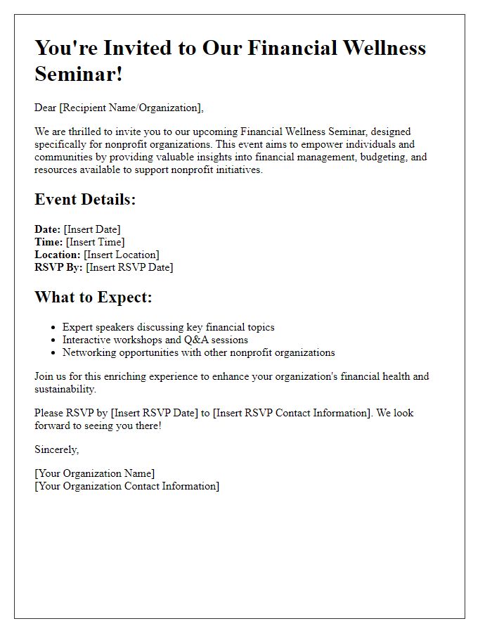 Letter template of financial wellness seminar invitation for nonprofit organizations