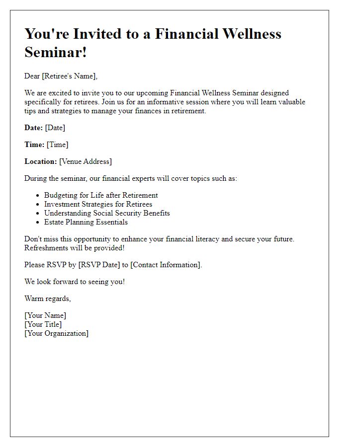 Letter template of financial wellness seminar invitation for retirees