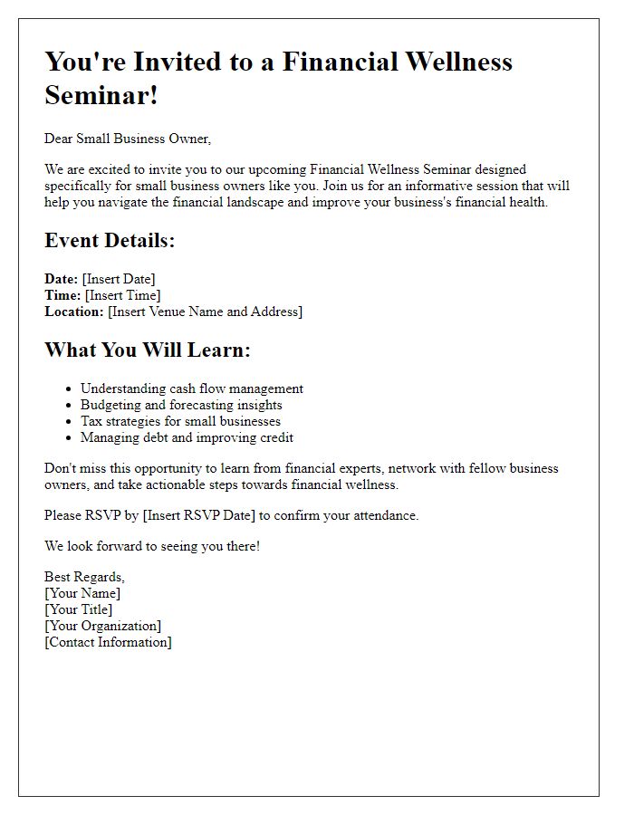 Letter template of financial wellness seminar invitation for small business owners