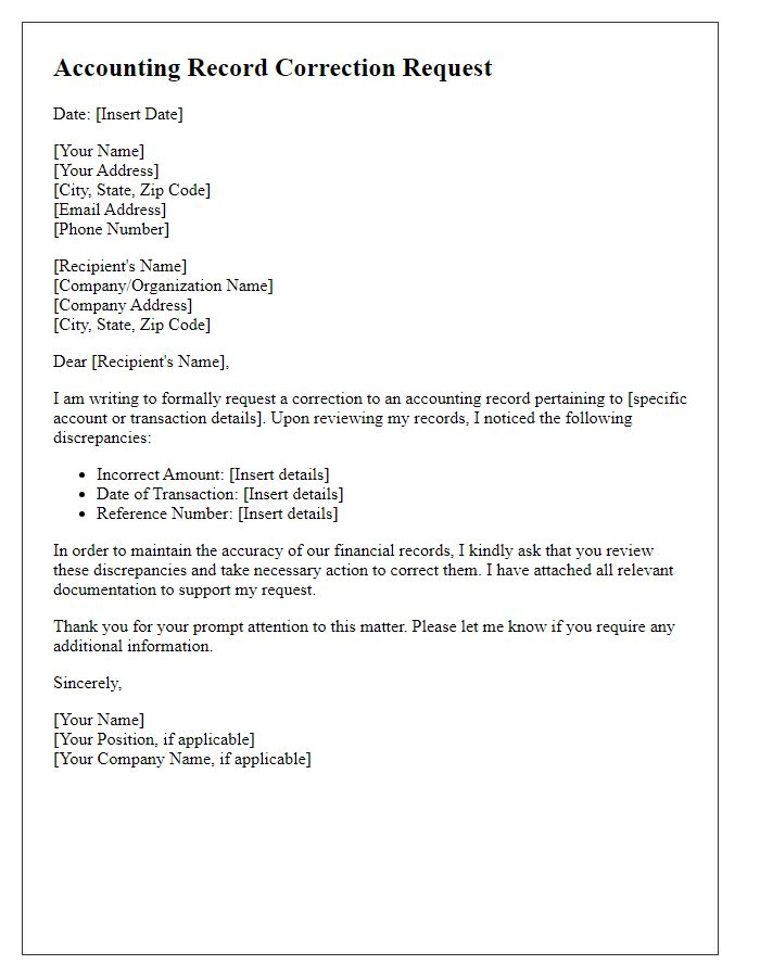 Letter template of accounting record correction request