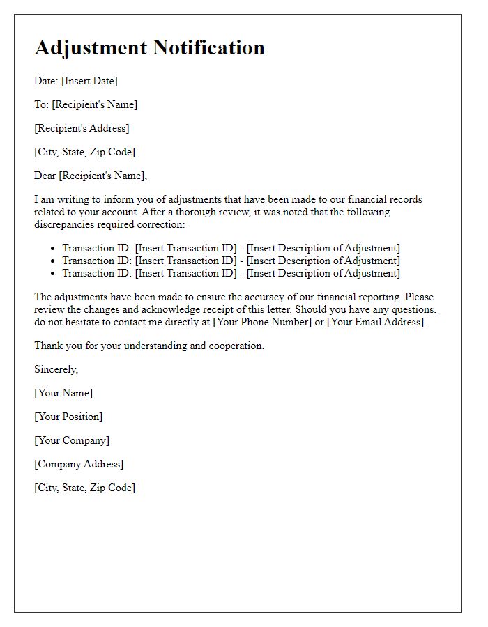 Letter template of adjustments in financial records