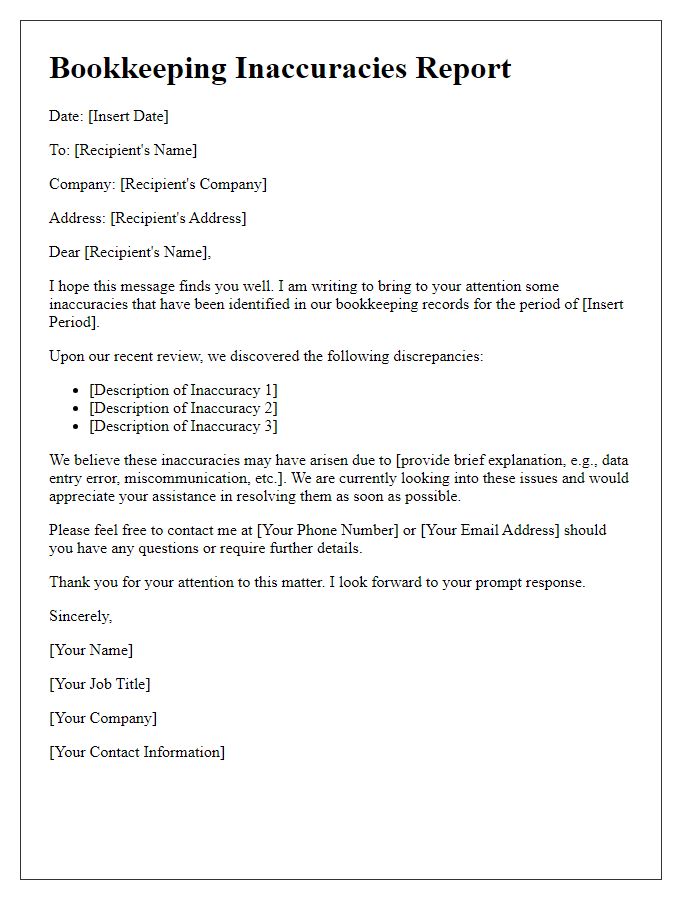 Letter template of bookkeeping inaccuracies report