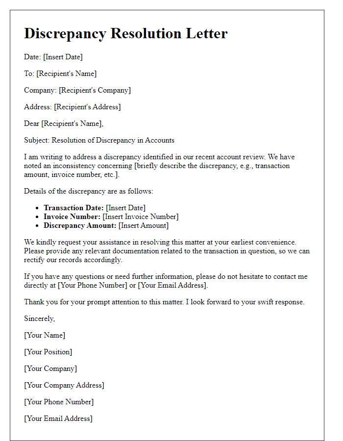 Letter template of discrepancy resolution in accounts