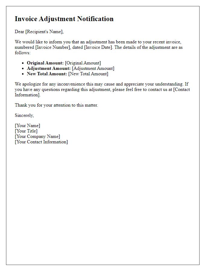 Letter template of invoice adjustment notification