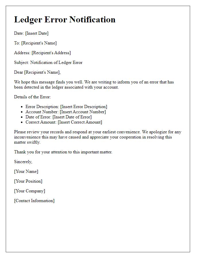 Letter template of ledger error notification