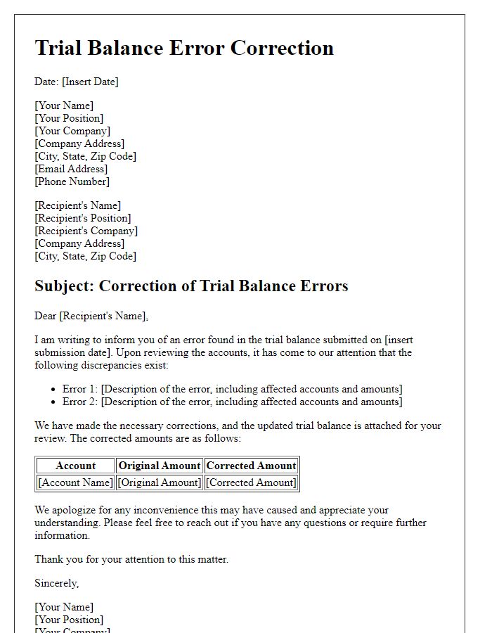 Letter template of trial balance error correction