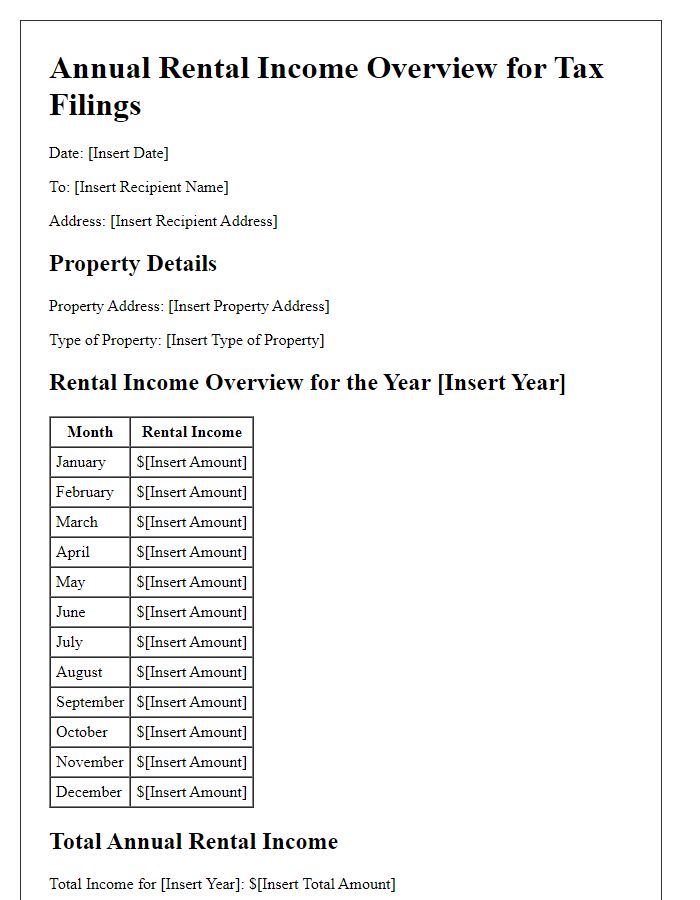 Letter template of annual rental income overview for tax filings