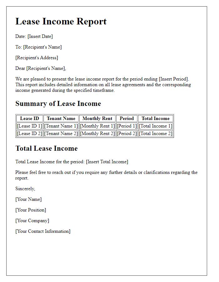 Letter template of lease income report for financial audits