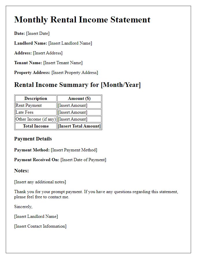 Letter template of monthly rental income statement for landlords