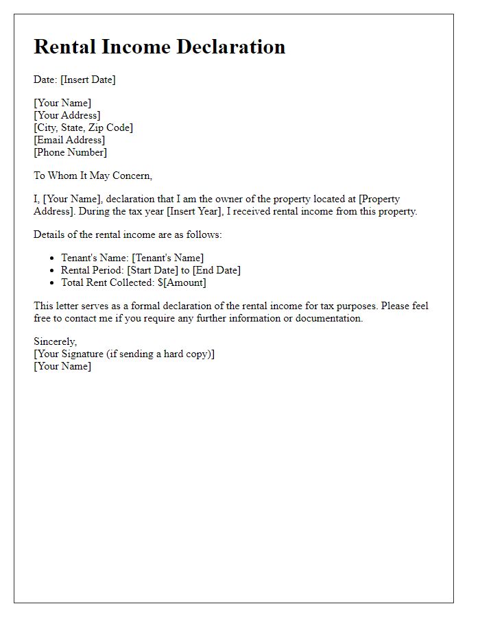 Letter template of rental income declaration for tax purposes