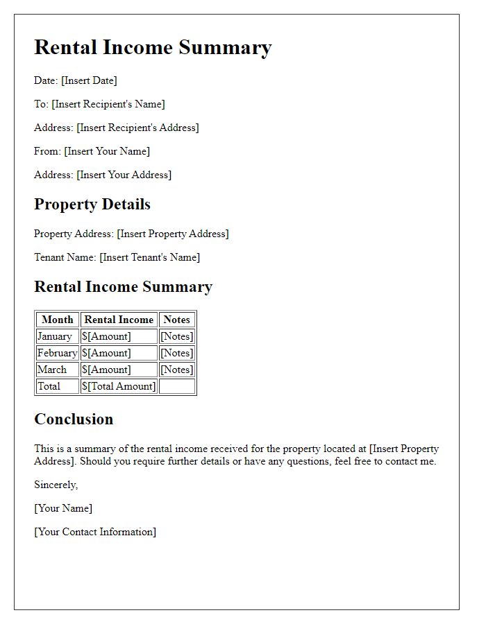 Letter template of rental income summary for property management