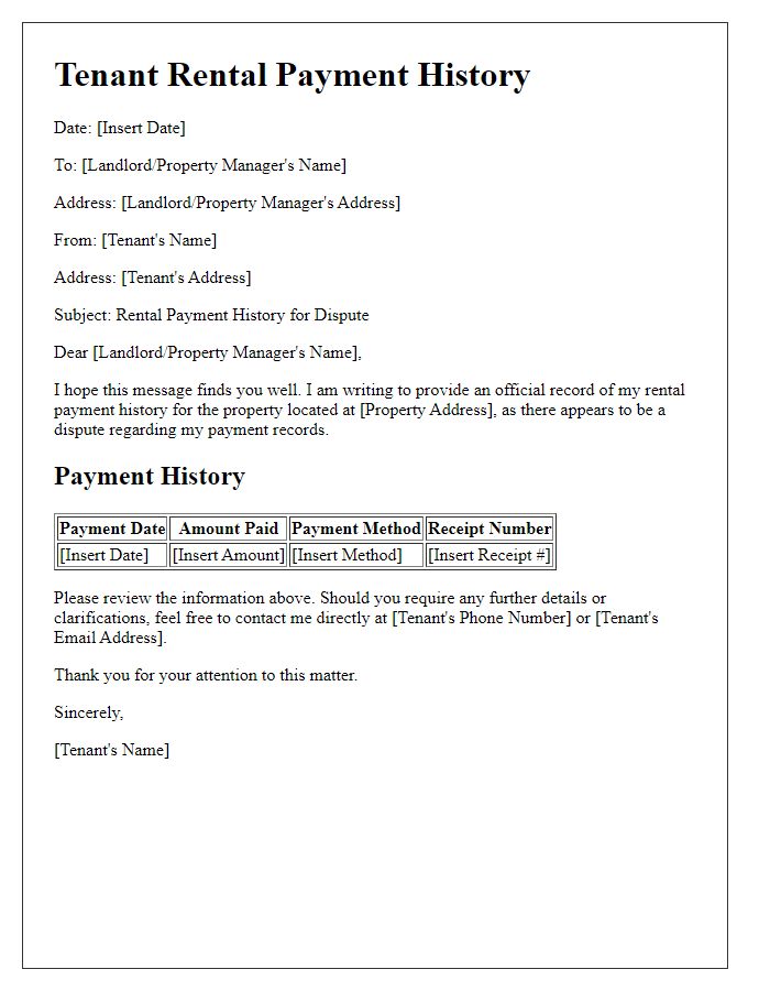 Letter template of tenant rental payment history for disputes