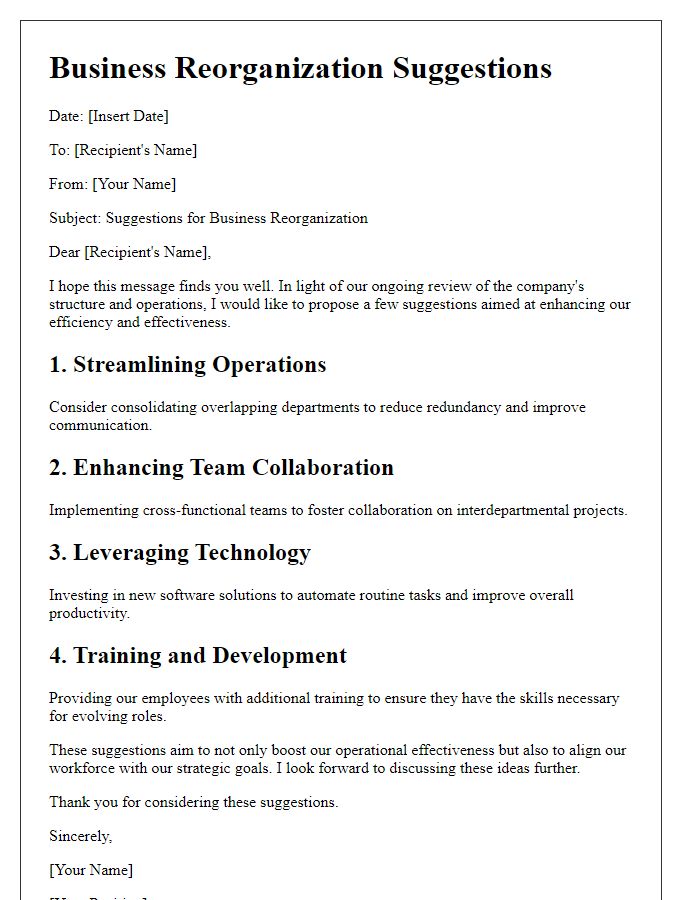 Letter template of business reorganization suggestions