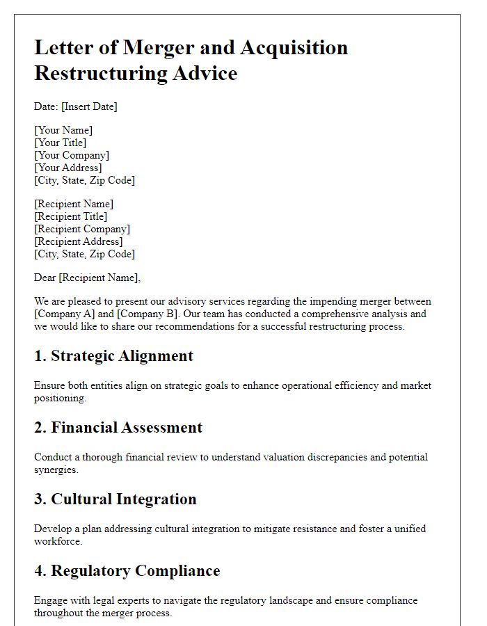 Letter template of merger and acquisition restructuring advice