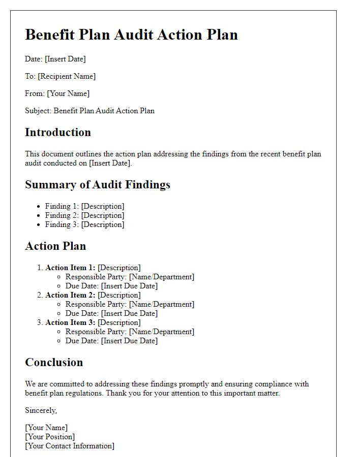 Letter template of benefit plan audit action plan