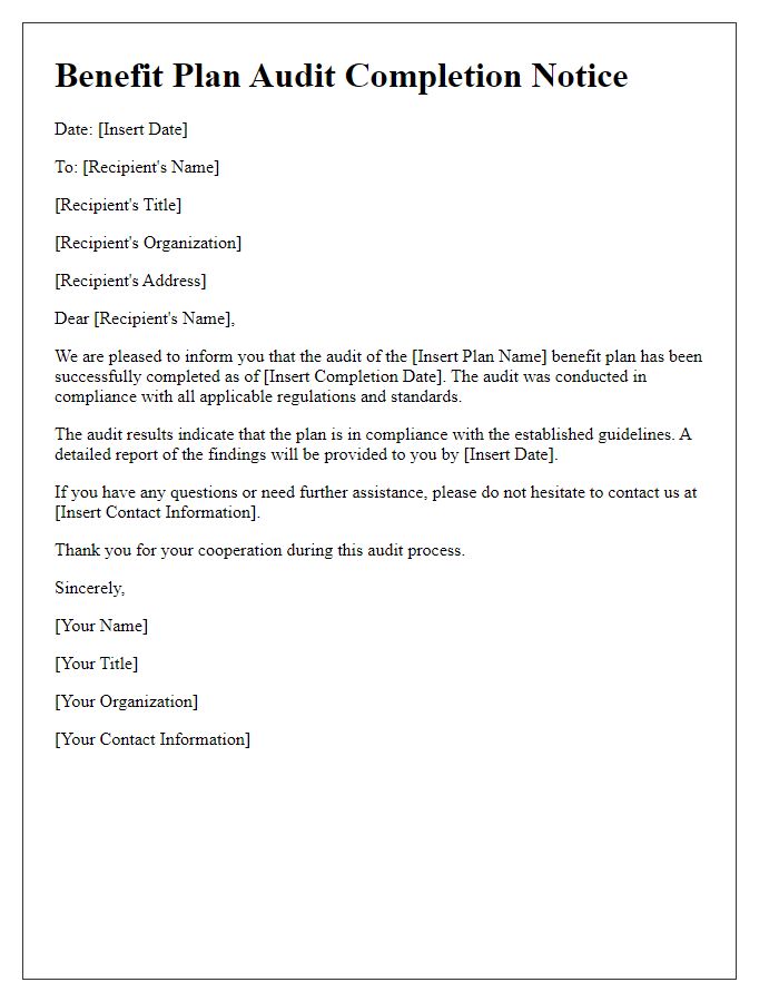 Letter template of benefit plan audit completion notice