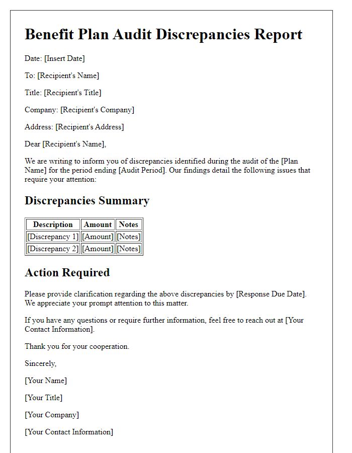 Letter template of benefit plan audit discrepancies report