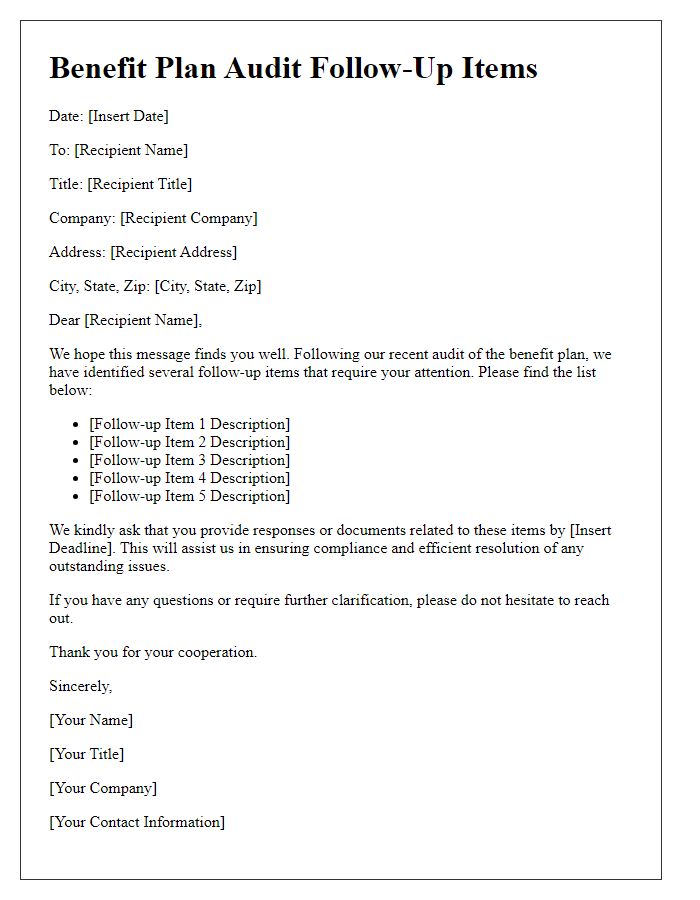 Letter template of benefit plan audit follow-up items