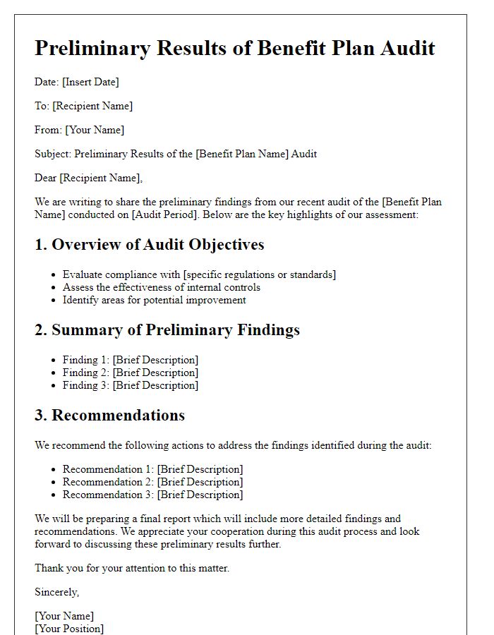 Letter template of benefit plan audit preliminary results