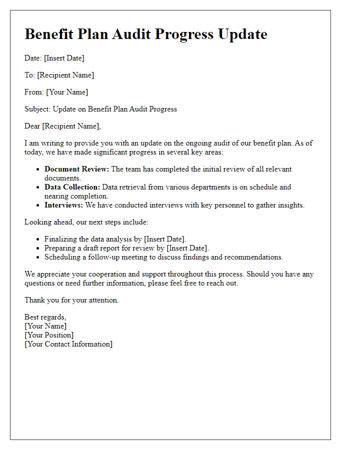 Letter template of benefit plan audit progress update