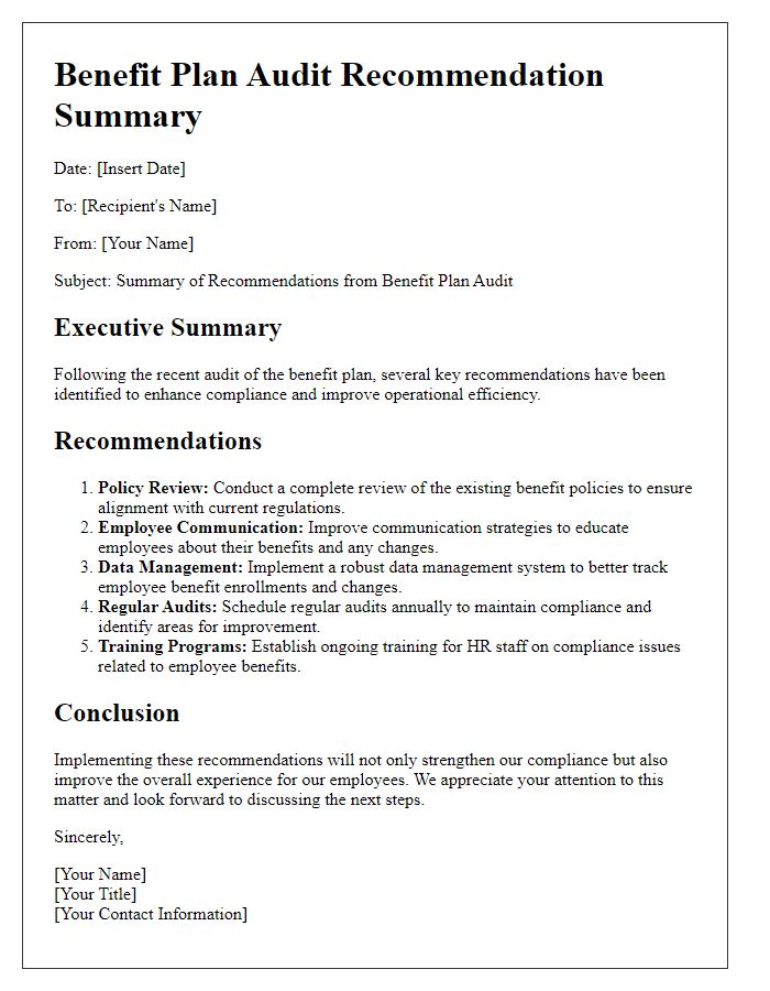 Letter template of benefit plan audit recommendation summary