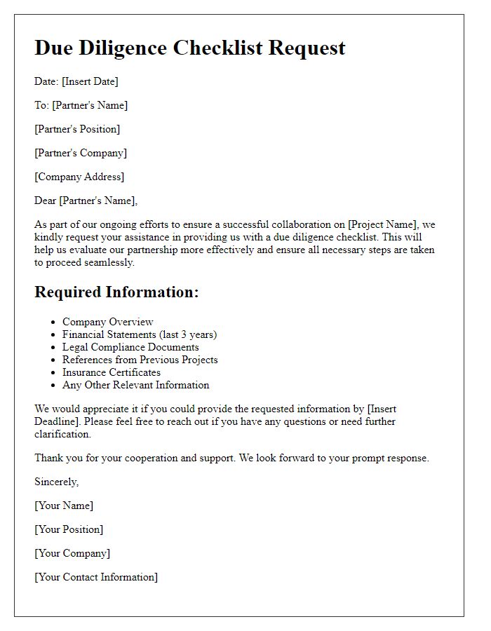 Letter template of due diligence checklist request for project partners.