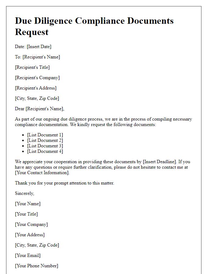 Letter template of due diligence compliance documents request.