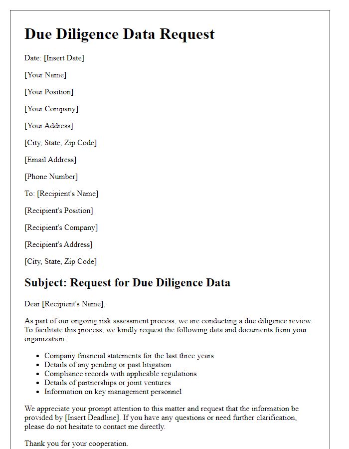 Letter template of due diligence data request for risk assessment.