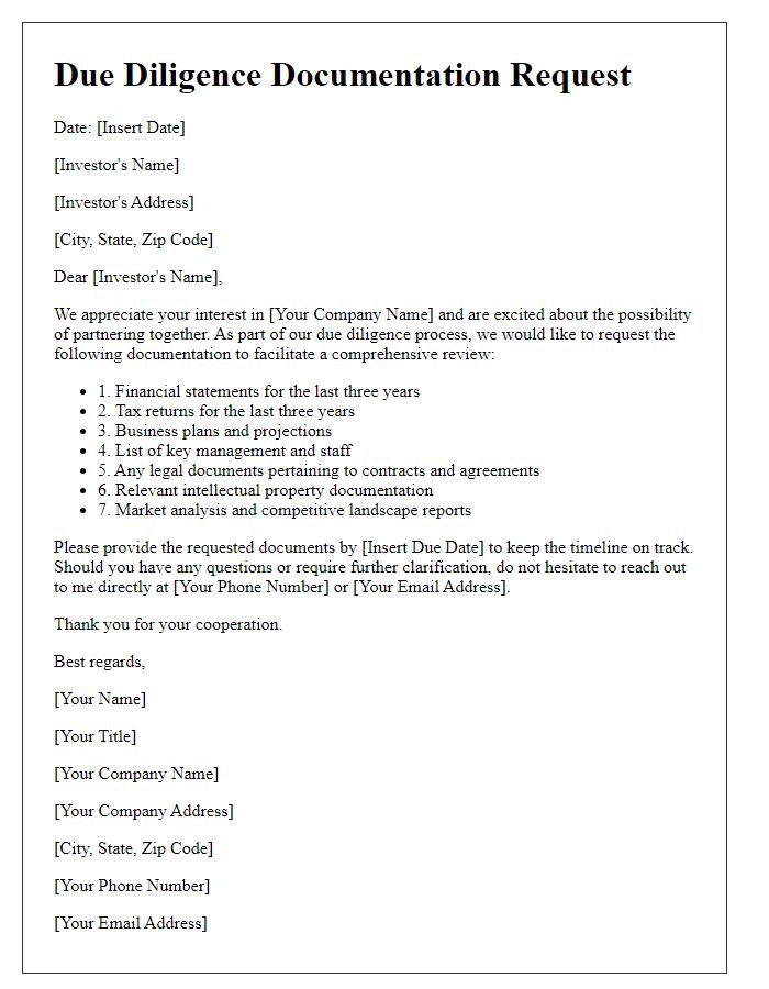 Letter template of due diligence documentation request for investors.