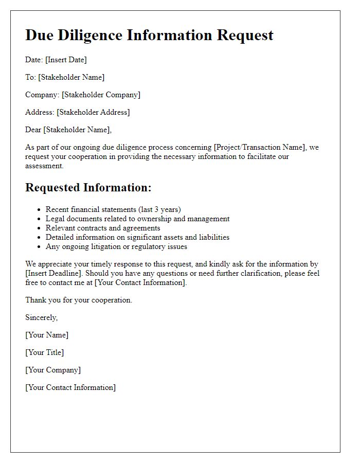 Letter template of due diligence information request for stakeholders.