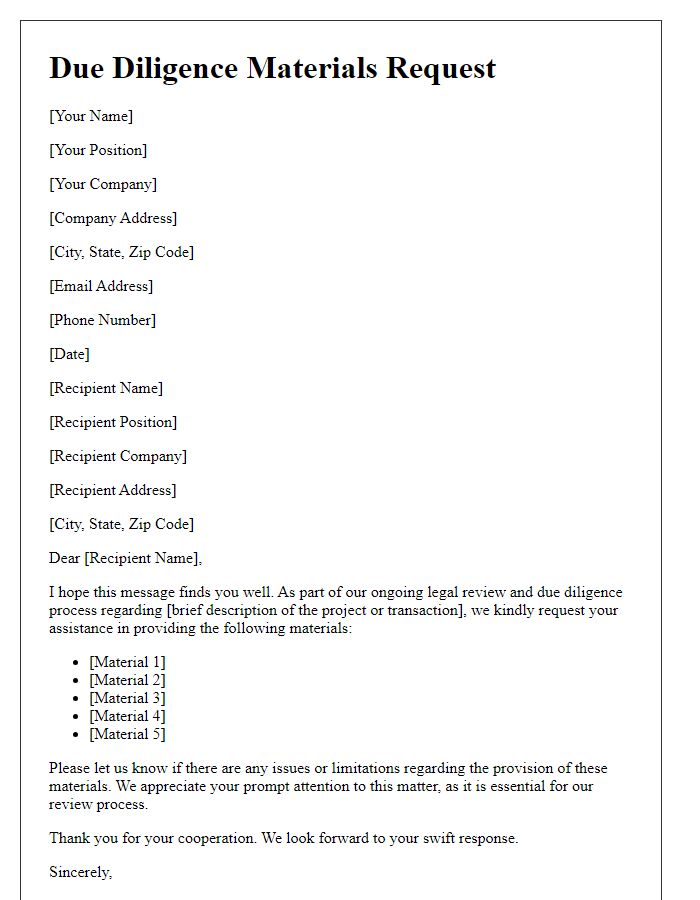 Letter template of due diligence materials request for legal review.