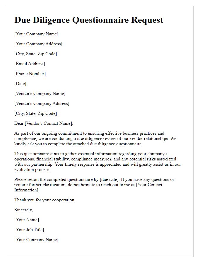 Letter template of due diligence questionnaire request for vendors.