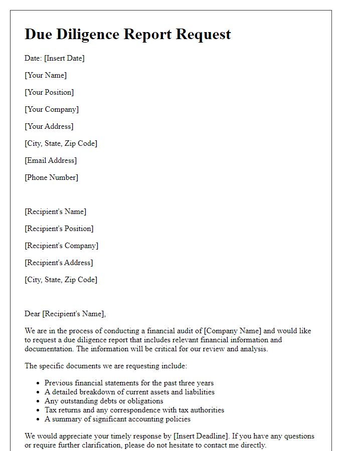 Letter template of due diligence report request for financial audit.