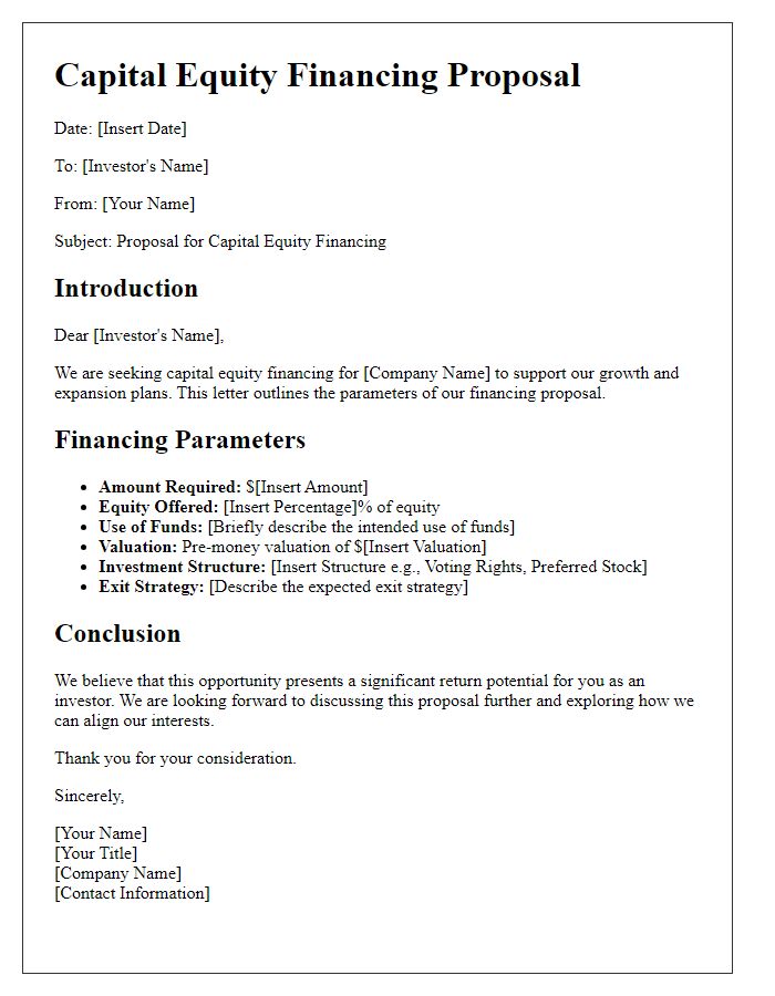 Letter template of capital equity financing parameters