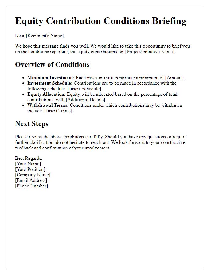 Letter template of equity contribution conditions briefing