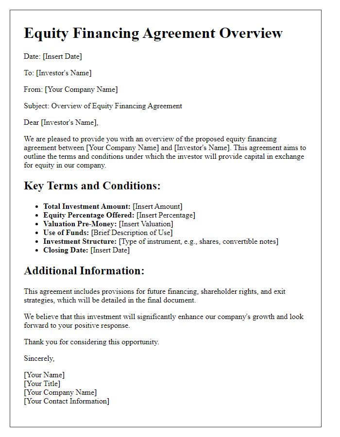 Letter template of equity financing agreement overview