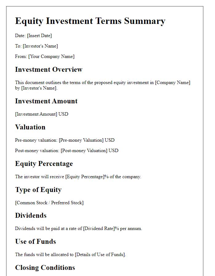 Letter template of equity investment terms summary