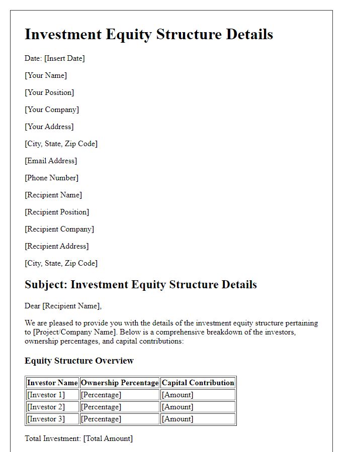 Letter template of investment equity structure details