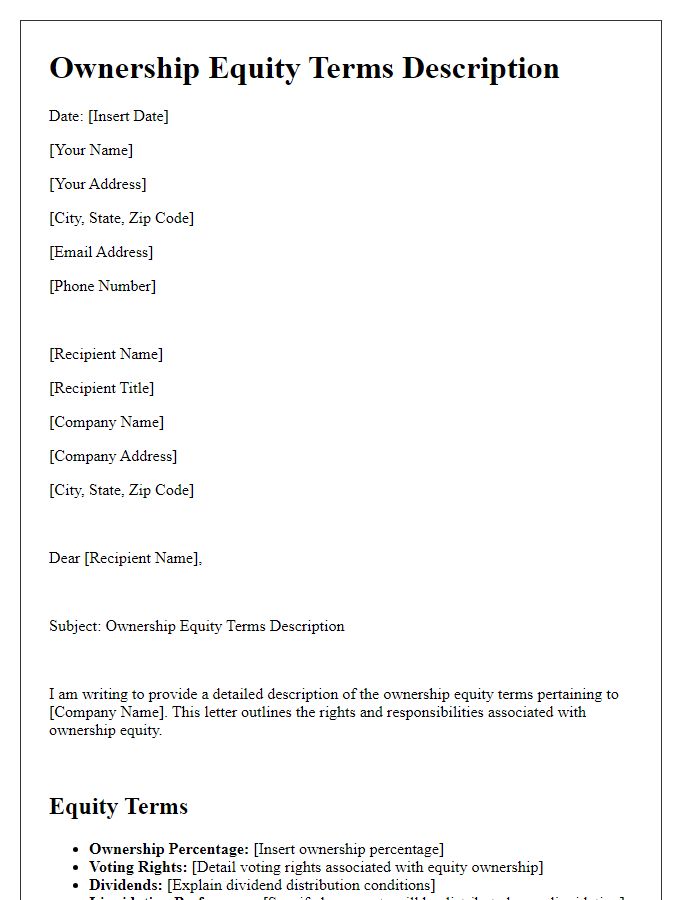 Letter template of ownership equity terms description