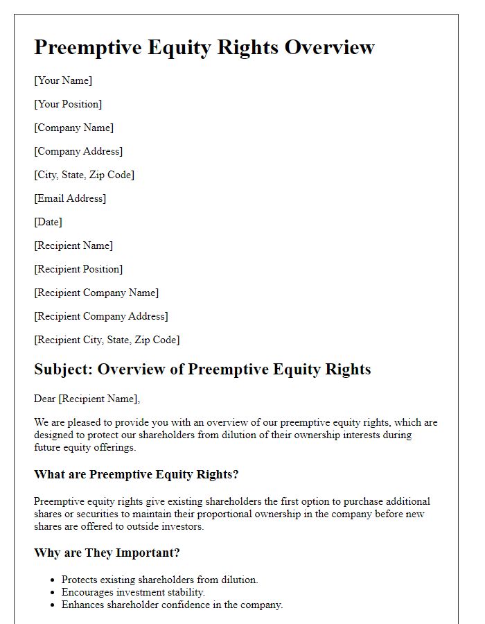 Letter template of preemptive equity rights overview