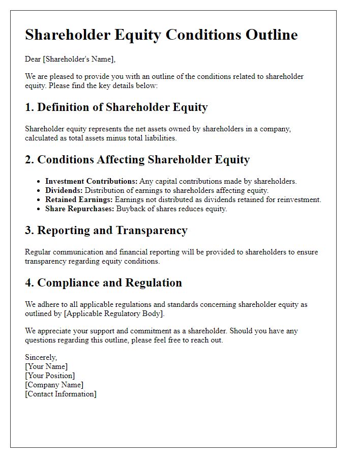 Letter template of shareholder equity conditions outline